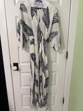 Lulu's White Maxi Dress with Black Leaf Print Wrap